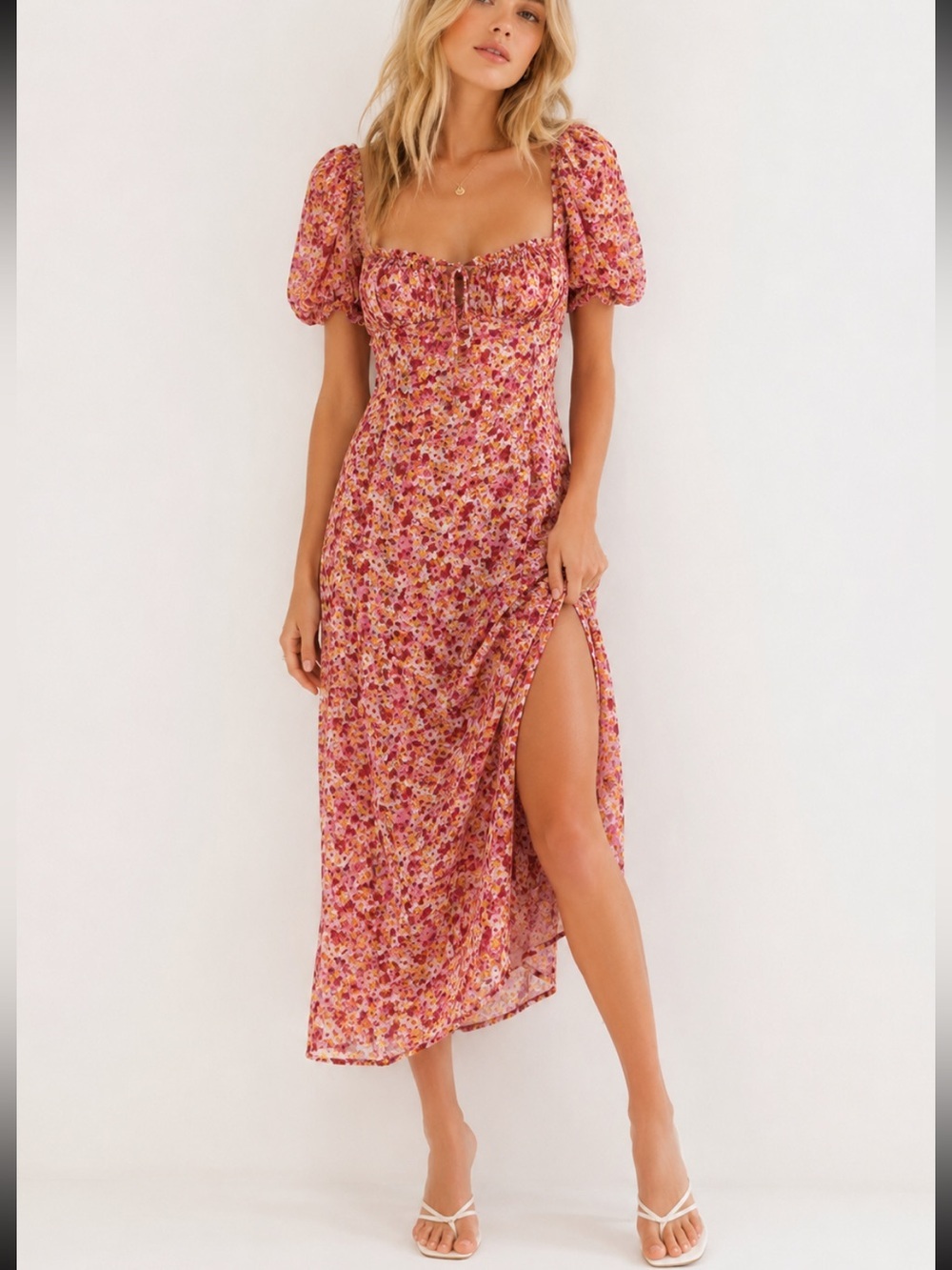 For Love & Lemons Red Ditsy Floral Print Felicia Midi Dress Small 8400